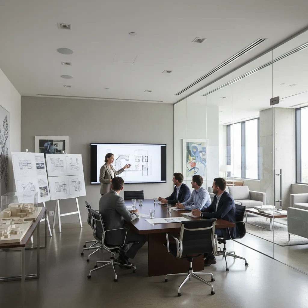 architect presenting design proposal and cost breakdown to developers