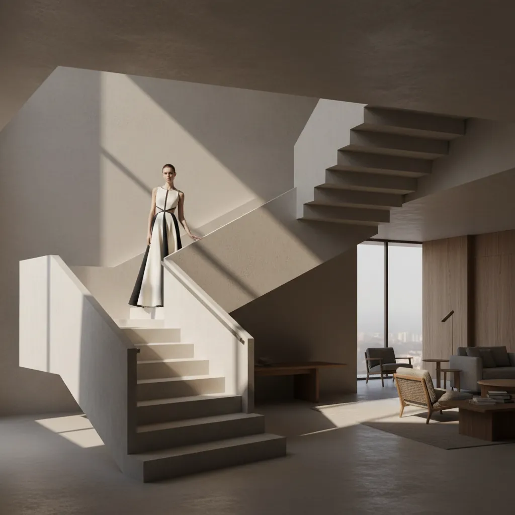 architecture inspired fashion photoshoot with model on geometric staircase