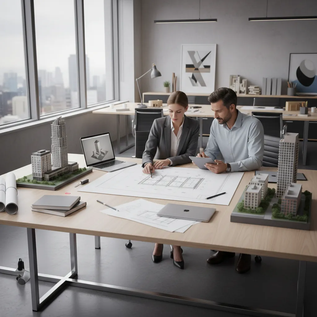developer and architect discussing project brief with building sketches