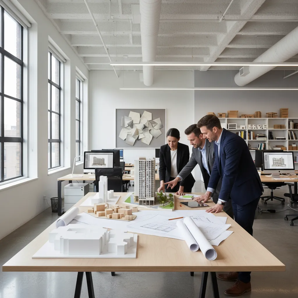 Architects reviewing building models and project plans