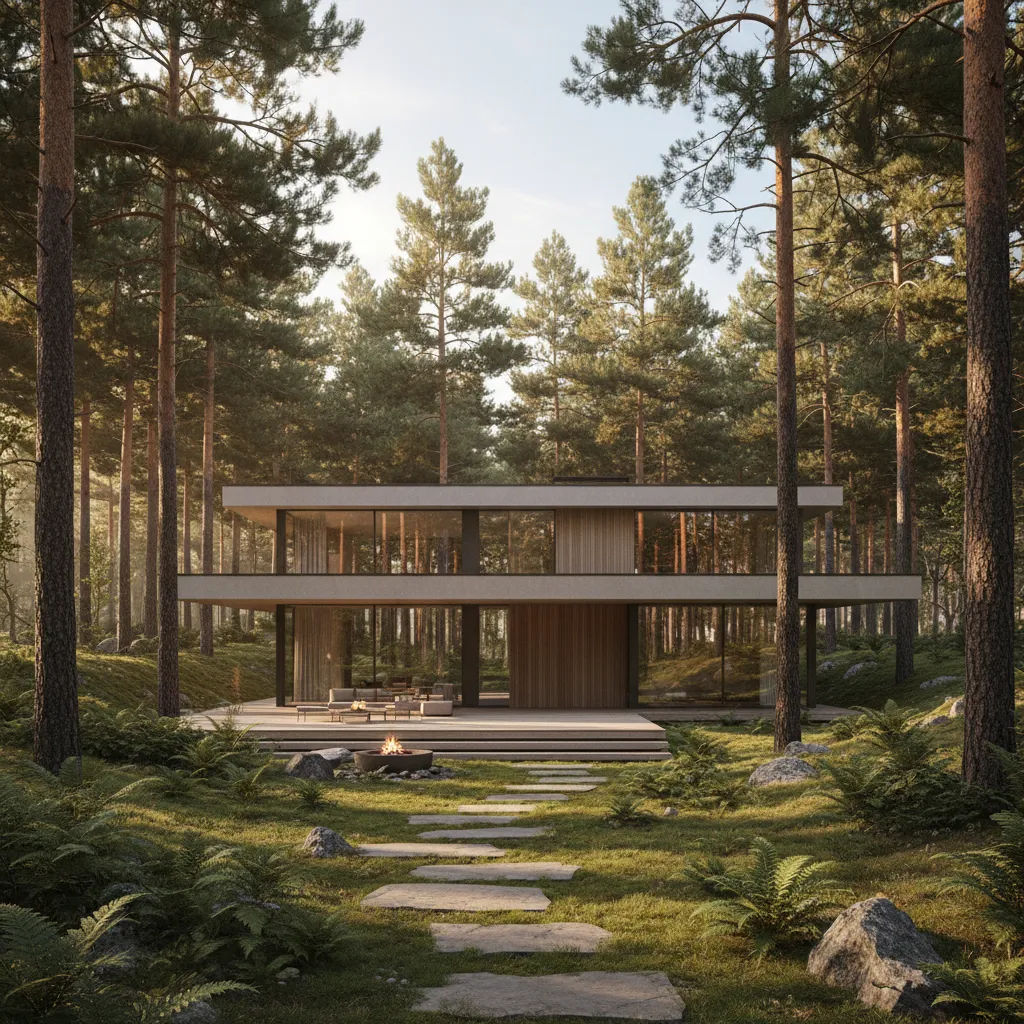 Modern house surrounded by realistic forest landscape in architectural visualization