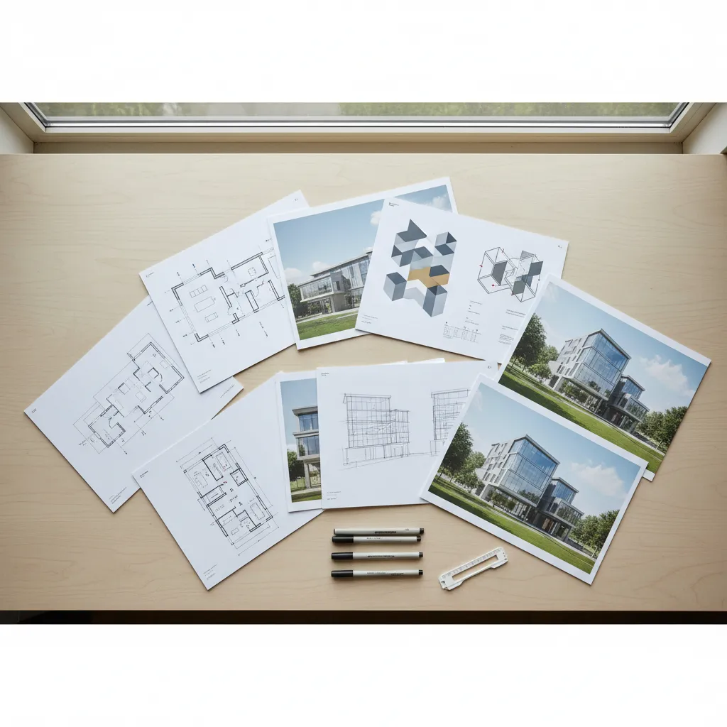 Architecture portfolio pages showing floor plans, diagrams, and renderings