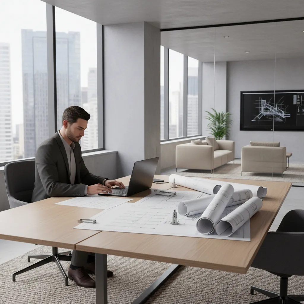 developer reviewing architecture firm selection checklist with building plans