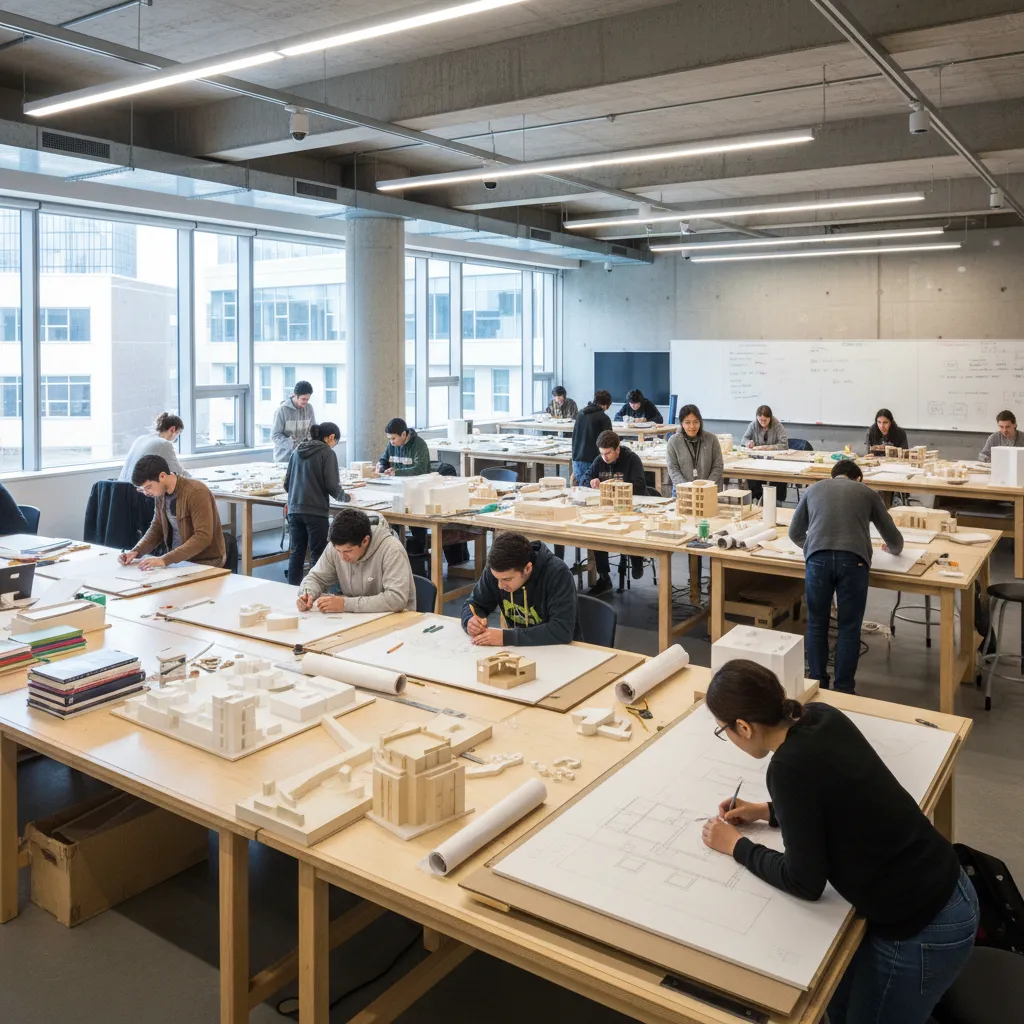 Estudio universitario de arquitectura con estudiantes trabajando en proyectos