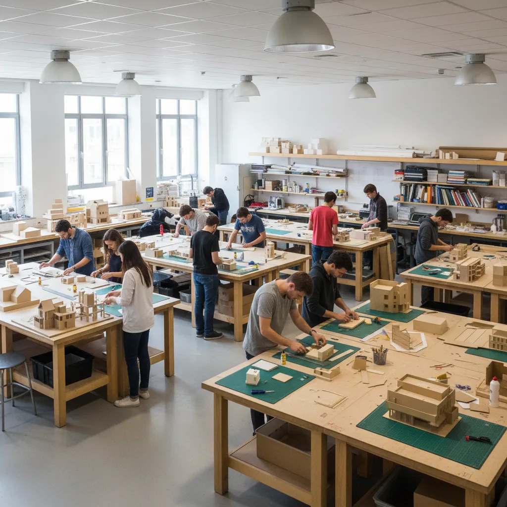 architecture students building scale models in a university workshop studio