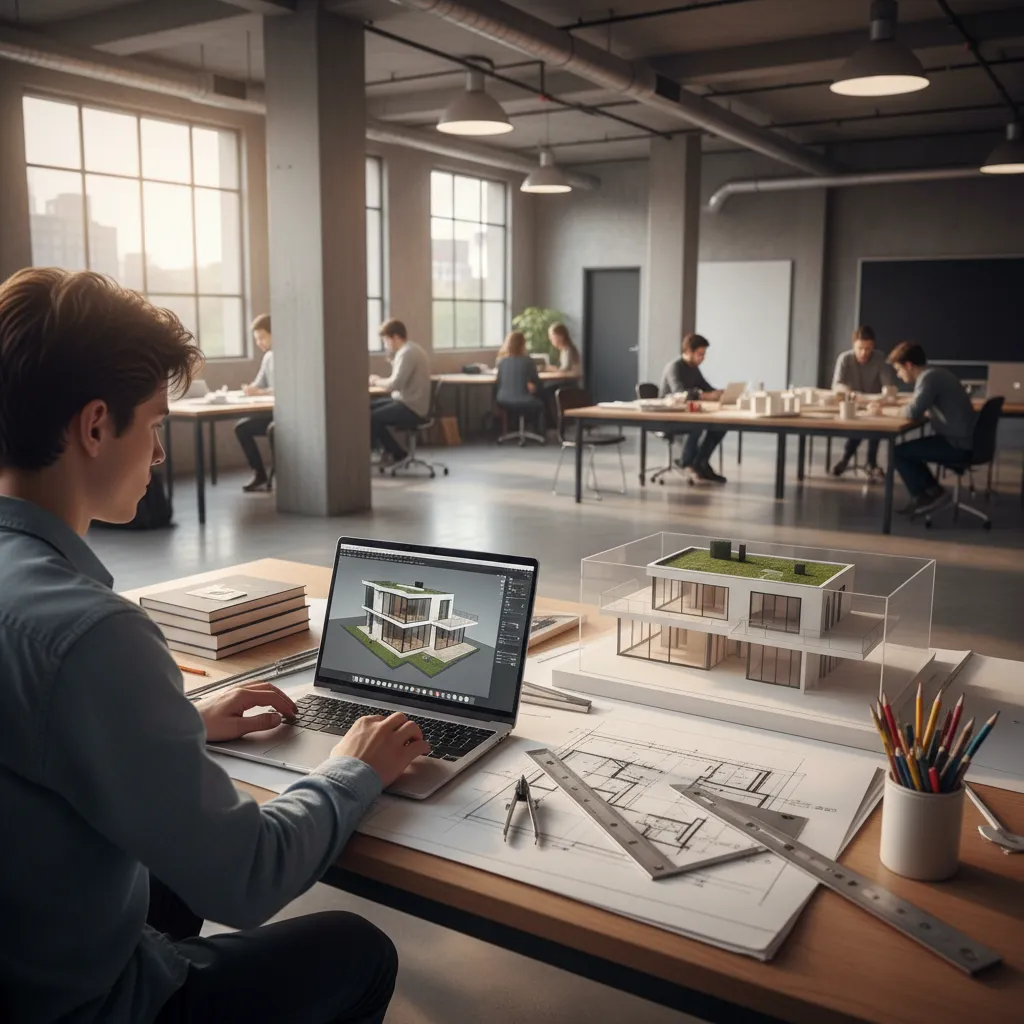 Architecture student working on a detailed 3D house model and floor plan on a computer