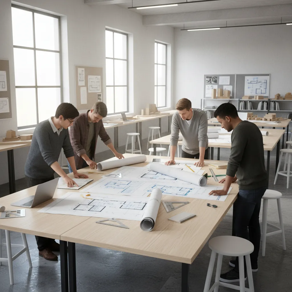 architecture students reviewing large floor plan drawings on a studio desk