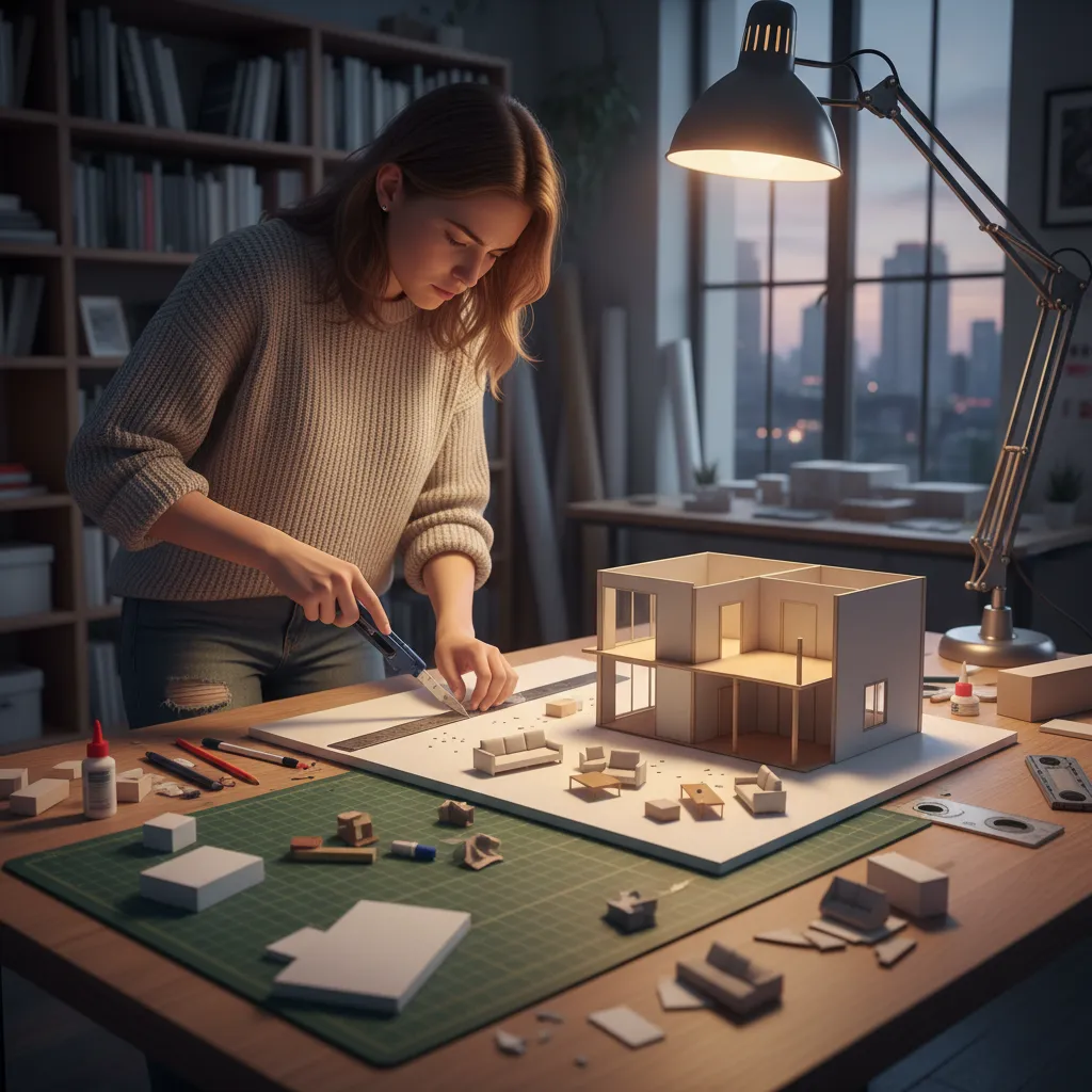 Estudiante construyendo una maqueta de diseño interior