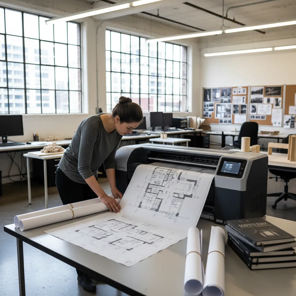 Estudiante imprimiendo planos de gran formato para un proyecto de interiorismo
