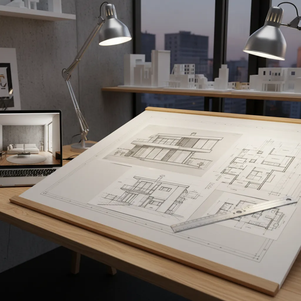 Drawing board with house sketches laptop showing interior design drawing desk lamp city night view