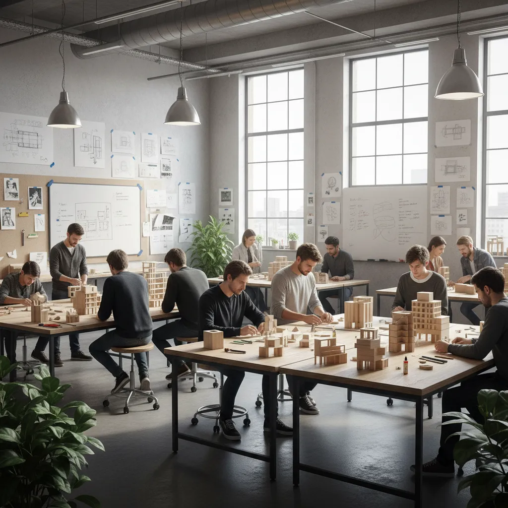 Architecture students working on spatial models in a studio