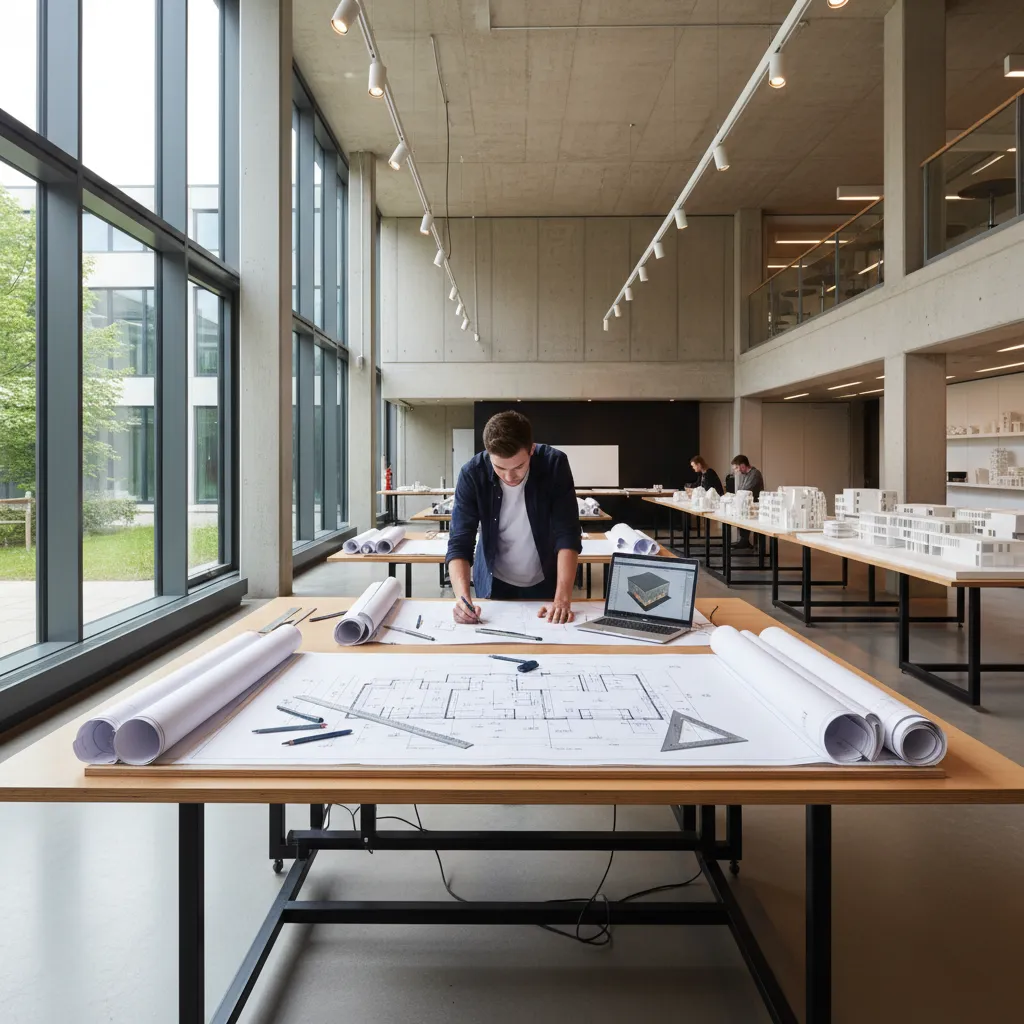 Estudiante revisando planos arquitectónicos sobre una mesa de trabajo