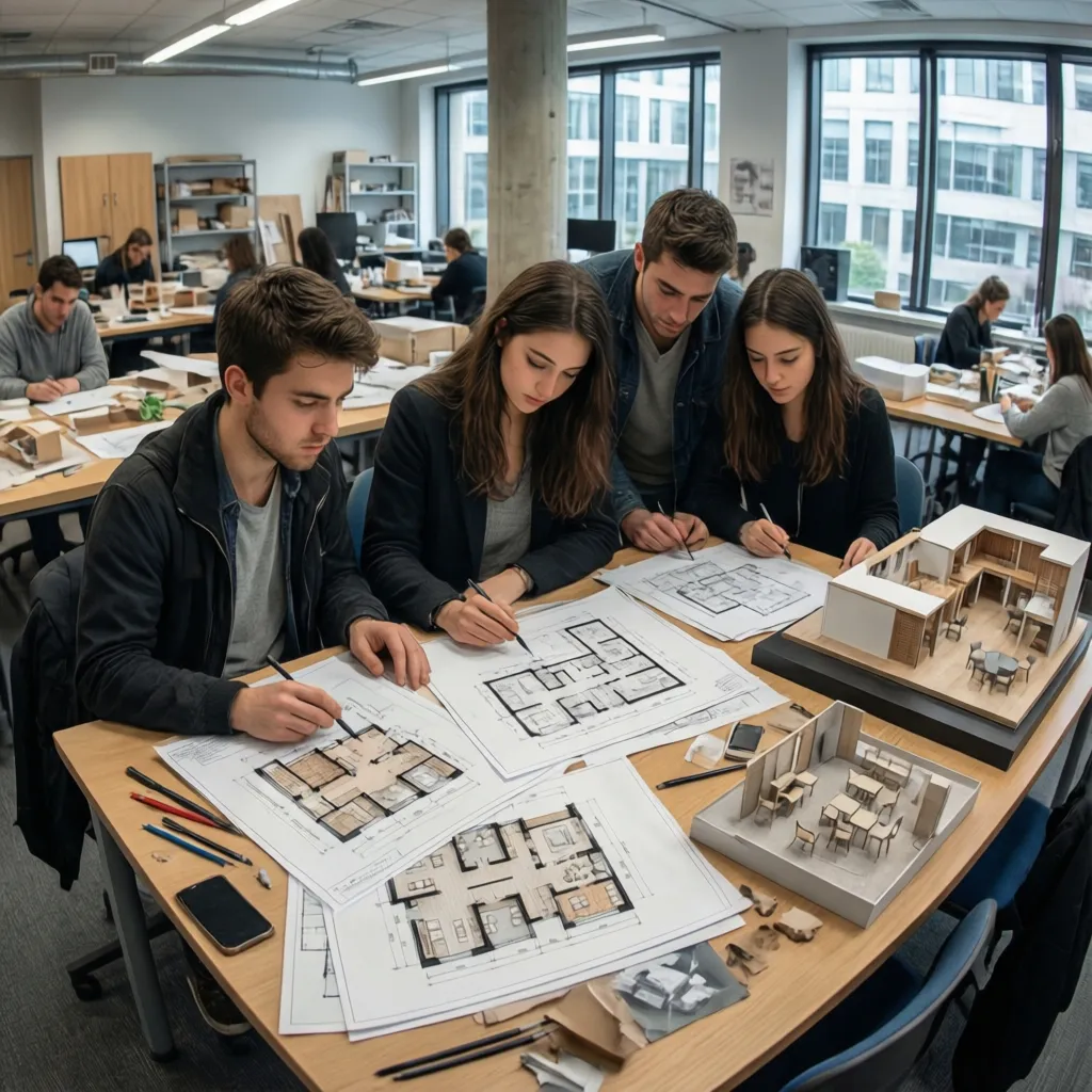 Estudiantes de arquitectura revisando planos y maquetas en un estudio universitario