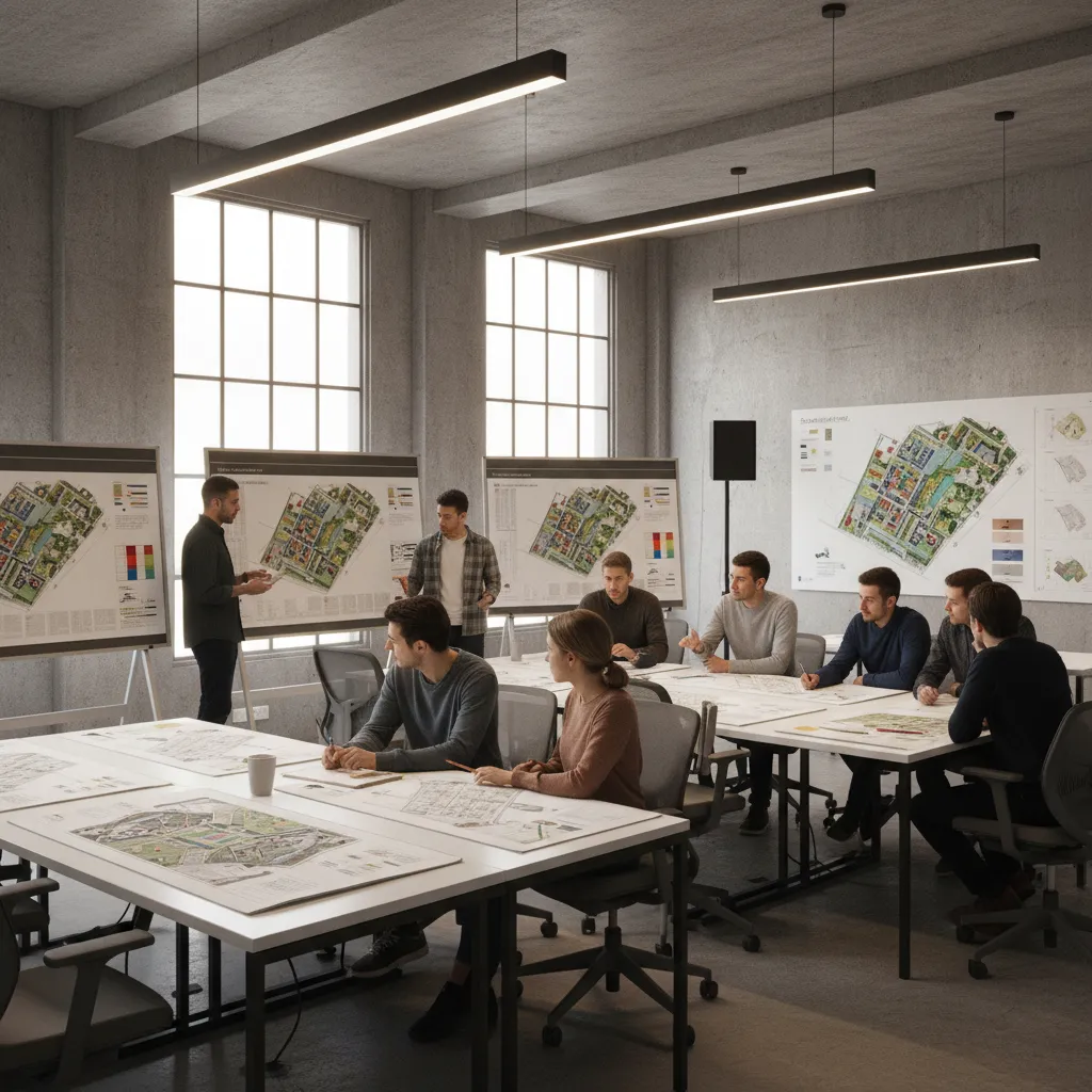 Architecture students participating in a collaborative critique discussion in studio