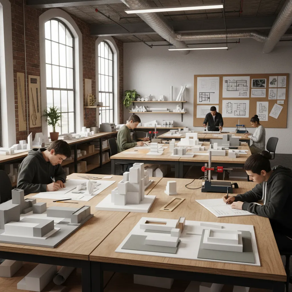architecture students working on spatial design models in a studio