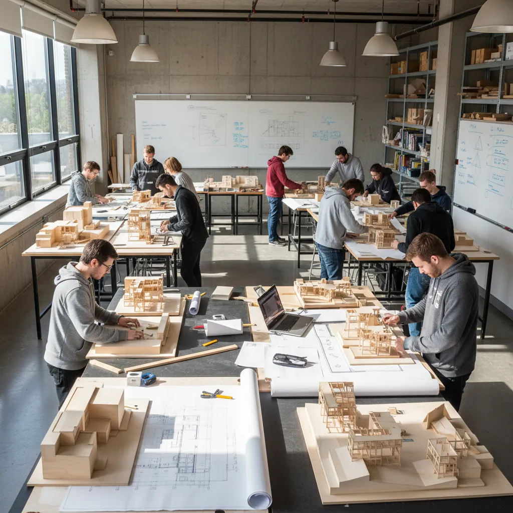 Design students building small wooden house models on tables with paper floor plans and computer