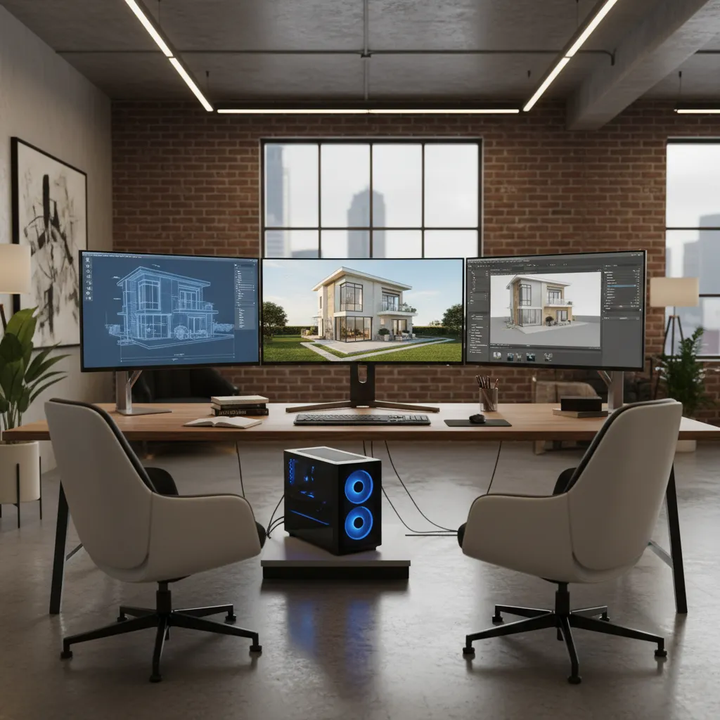 professional architecture visualization workflow with CAD modeling and rendering screens