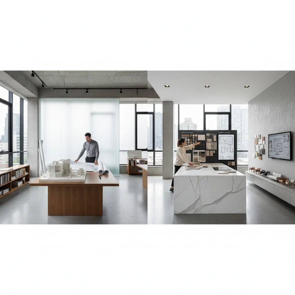 Comparison of an architect working with models and an interior designer choosing materials and colors