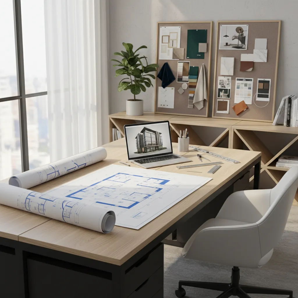 Modern desk with white chair featuring laptop house drawings room layout plans and mood boards