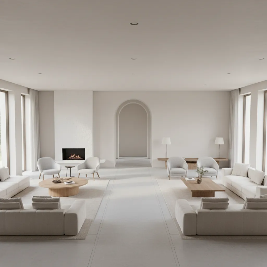 Living room furniture arranged to maintain a clear walking path through an archway