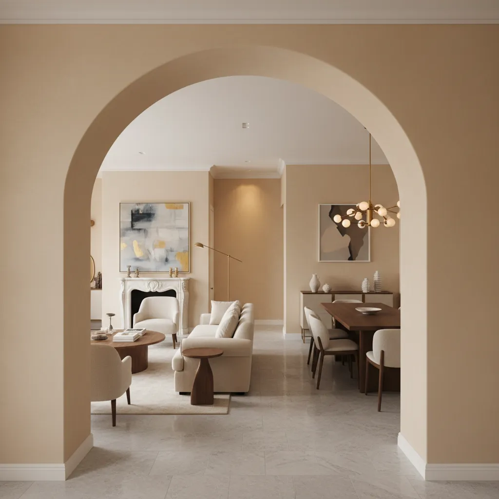 Arco arquitectónico elegante conectando dos espacios interiores