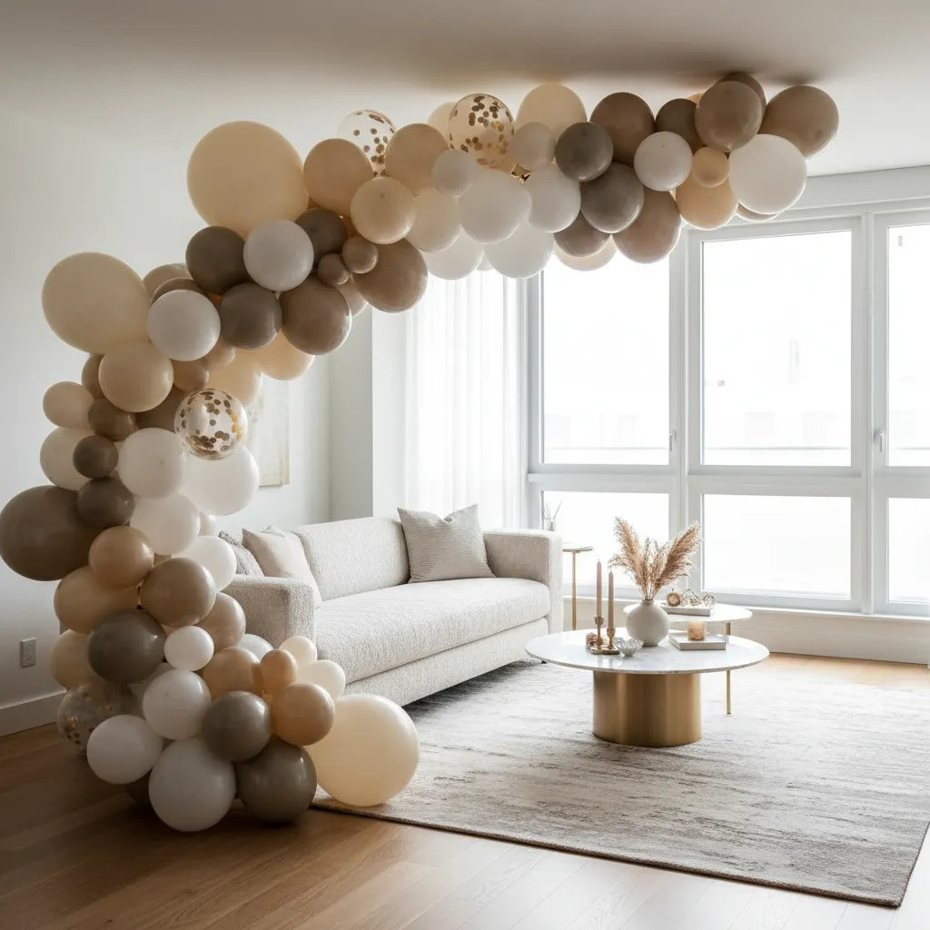 Arco de globos orgánico colocado en una sala interior para fiesta