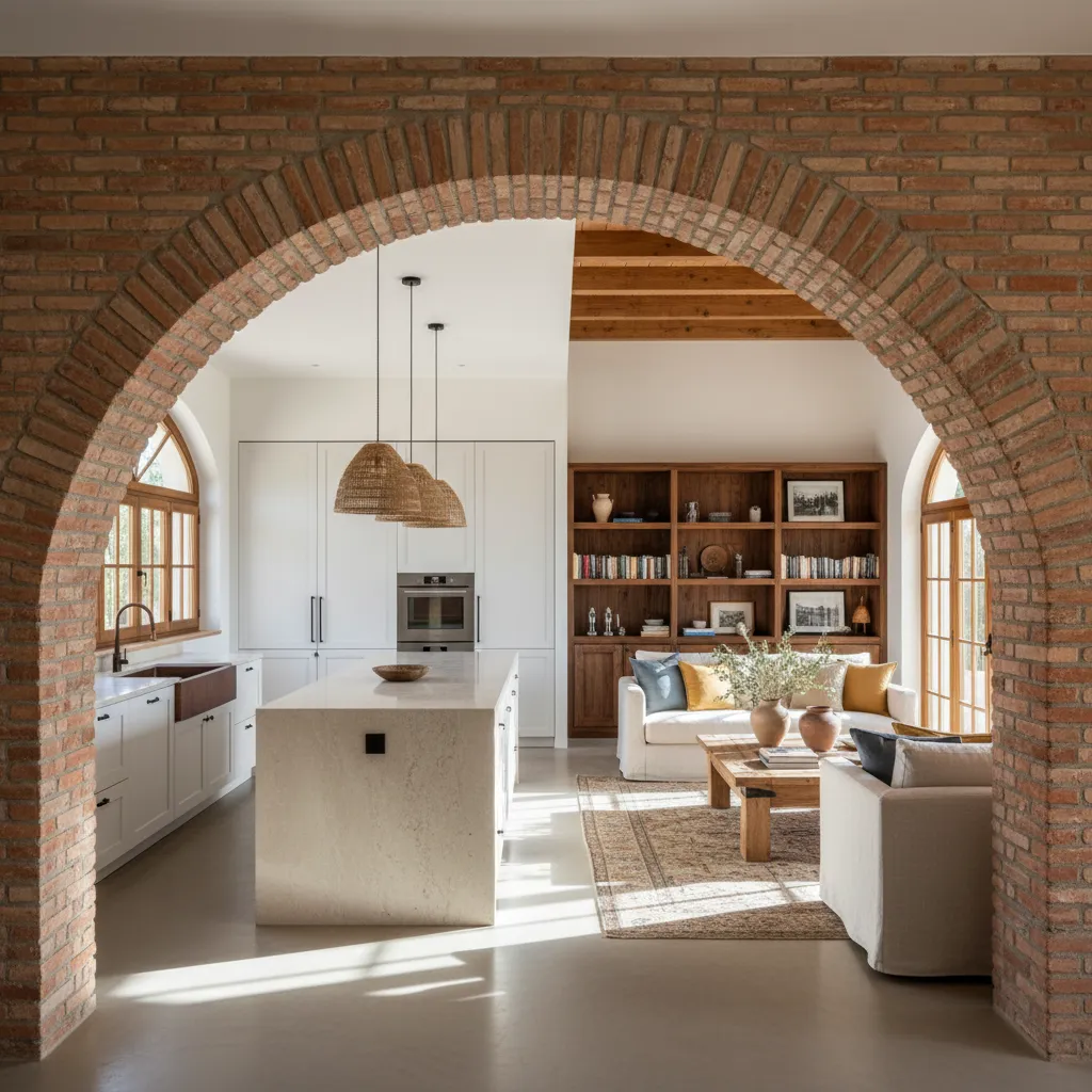 Arco de ladrillo entre cocina y salón en diseño moderno