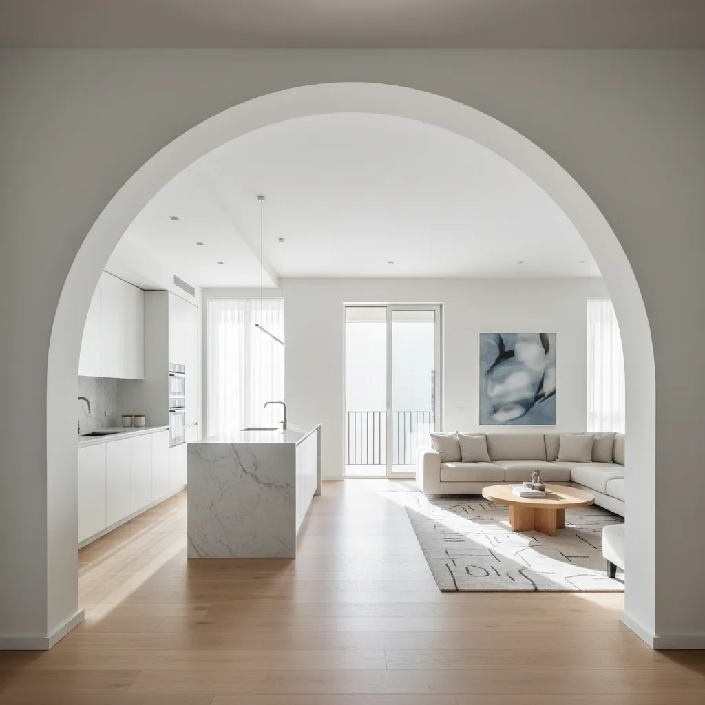 Arco moderno conectando cocina y salón en vivienda contemporánea