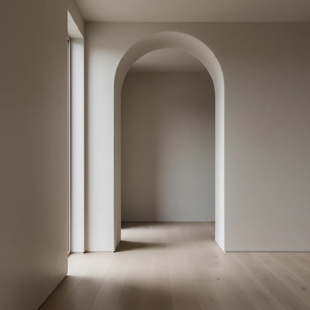 Pasillo interior con arco suave y diseño minimalista