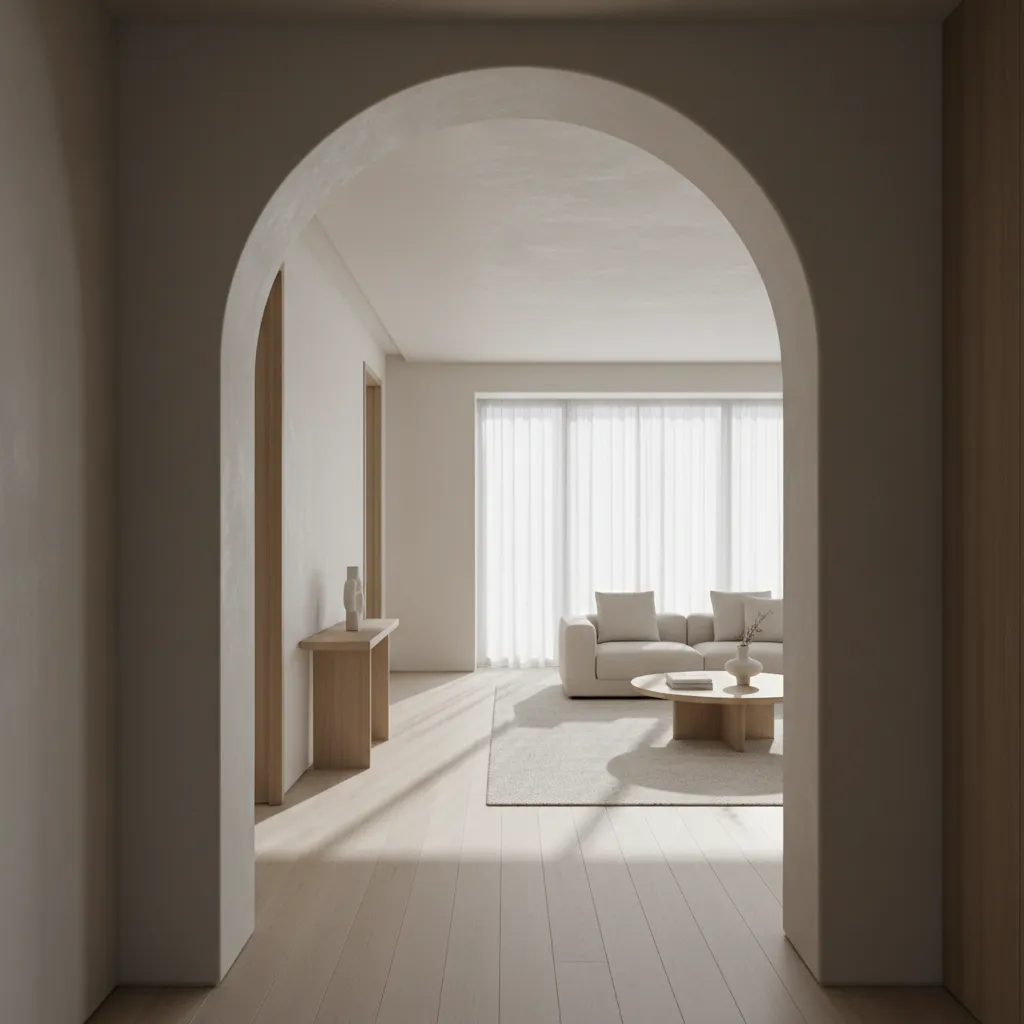 Arco amplio conectando pasillo con salón luminoso