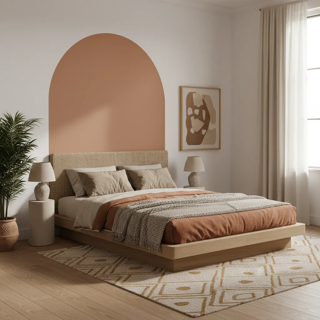 Modern bedroom with terracotta arch wall paint, wooden bed, beige pillows, green plant, and rug