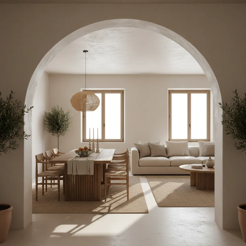 Arco amplio conectando un salón con el comedor en una casa moderna