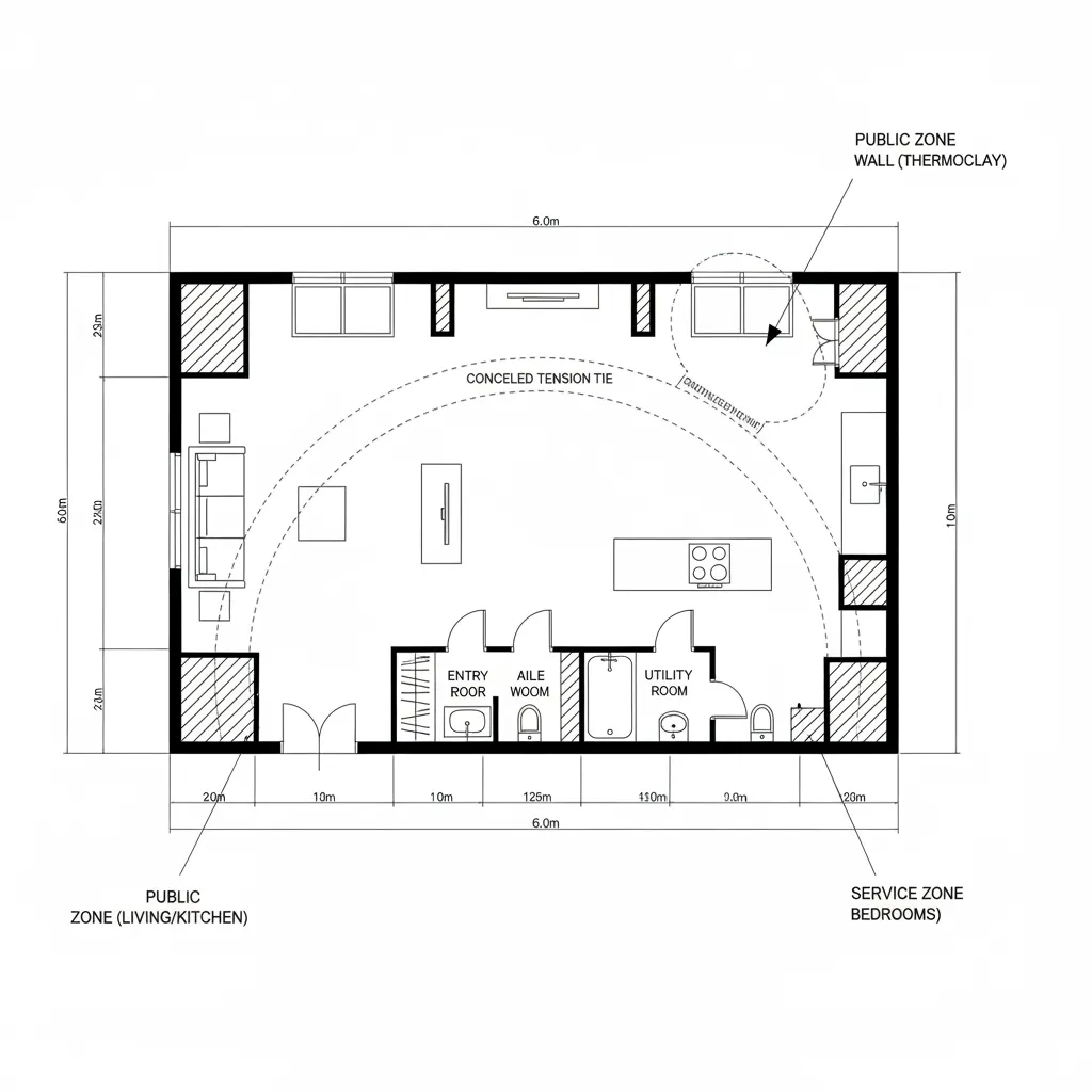 Plan showing arch-spanned living, vaulted kitchen, and thermal mass walls