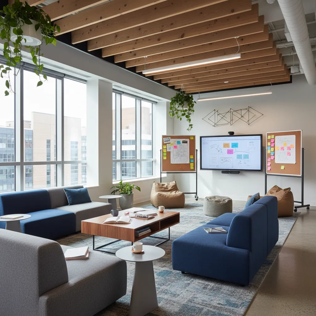 Zona colaborativa con sofás y mesas informales dentro de una oficina moderna