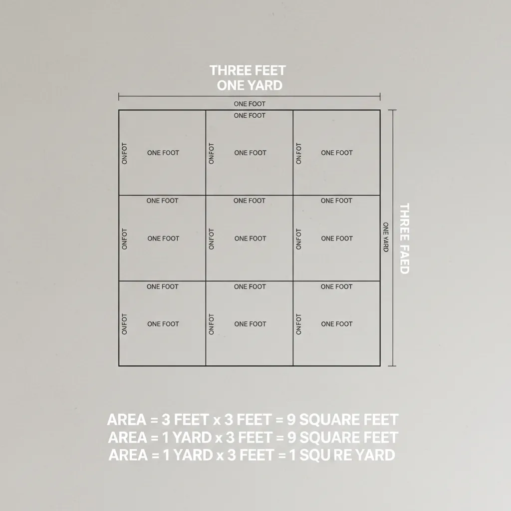 diagram illustrating how one yard equals three feet and produces nine square feet area
