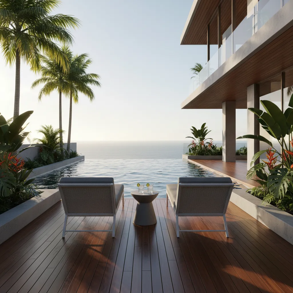 Wooden deck with two chairs overlooking an infinity swimming pool and the blue ocean water