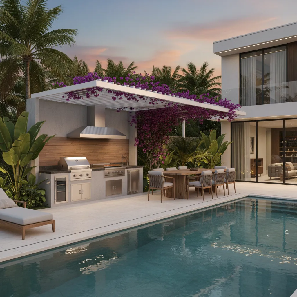 Área gourmet com churrasqueira próxima da piscina