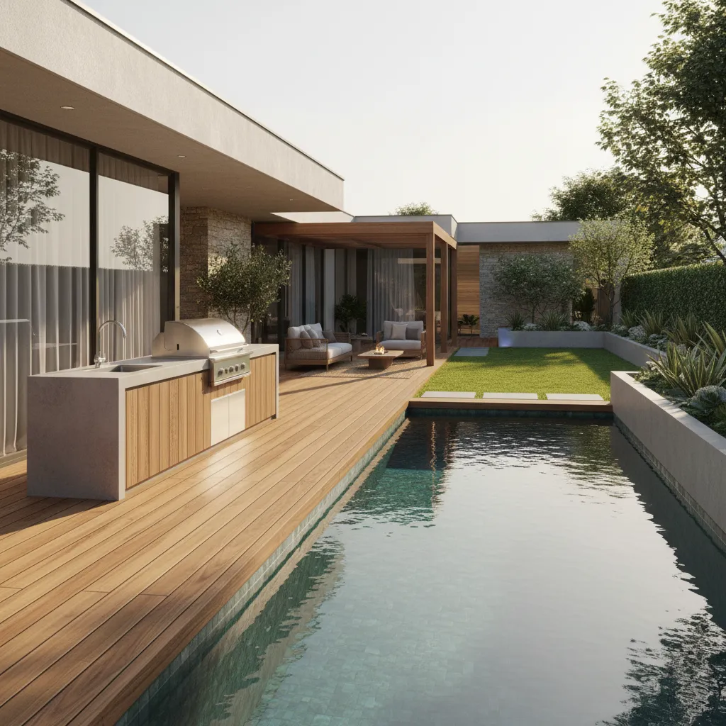 área gourmet com piscina em casa construída em terreno de 500 metros quadrados