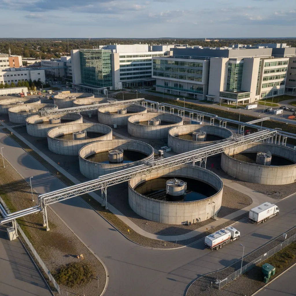 Area instalasi pengolahan limbah rumah sakit di bagian belakang fasilitas