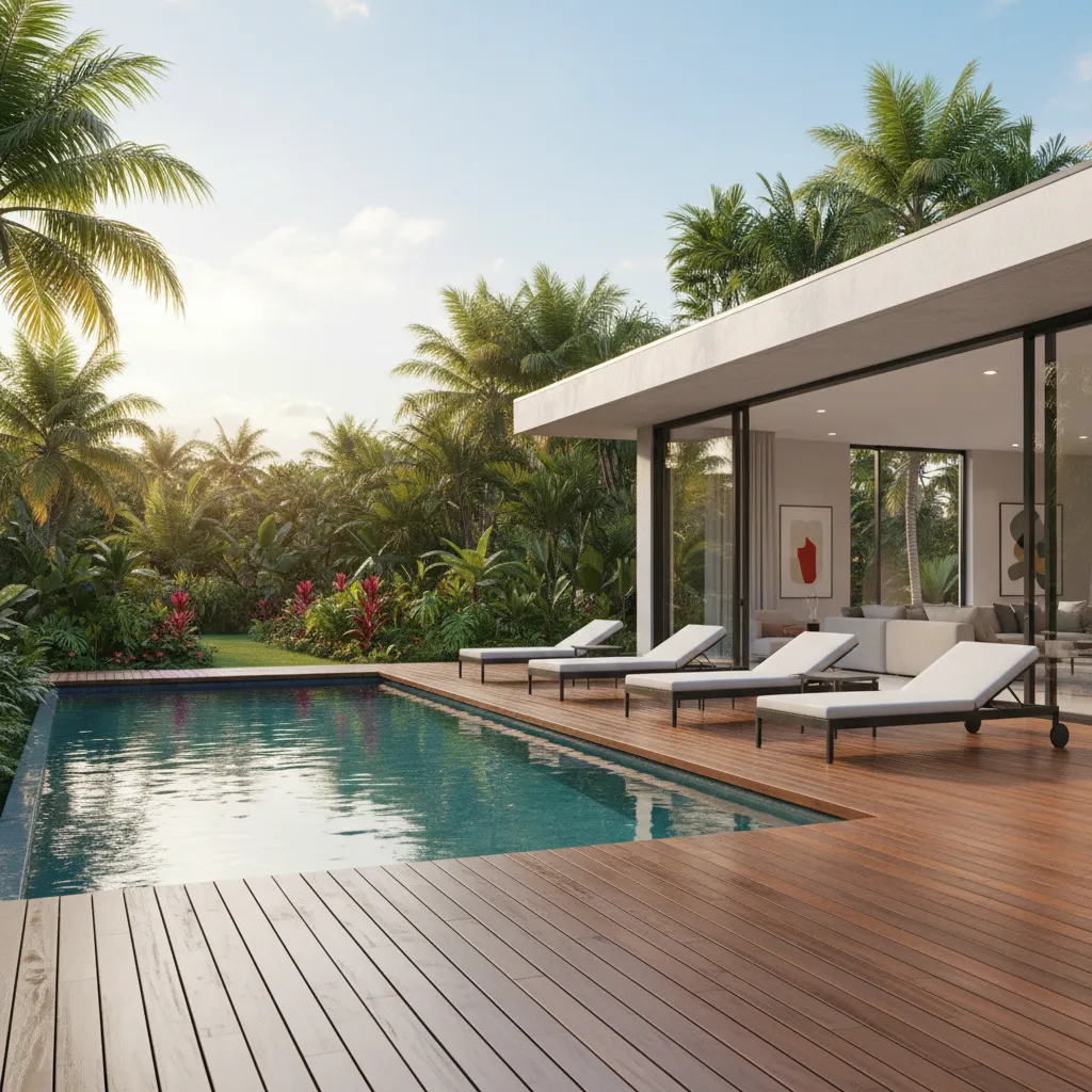 Area kolam renang rumah modern dengan dek kayu dan taman