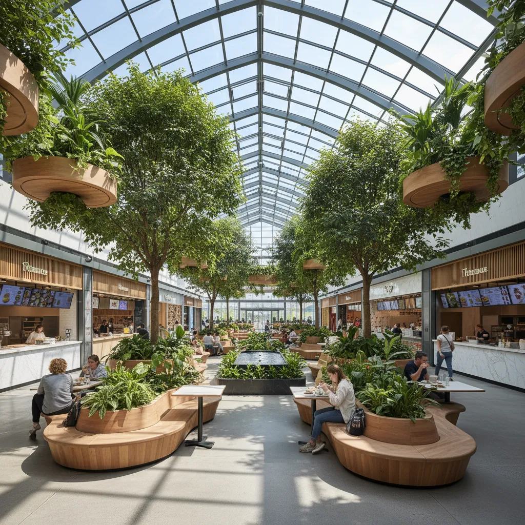 Zona de restauración en centro comercial con jardín interior