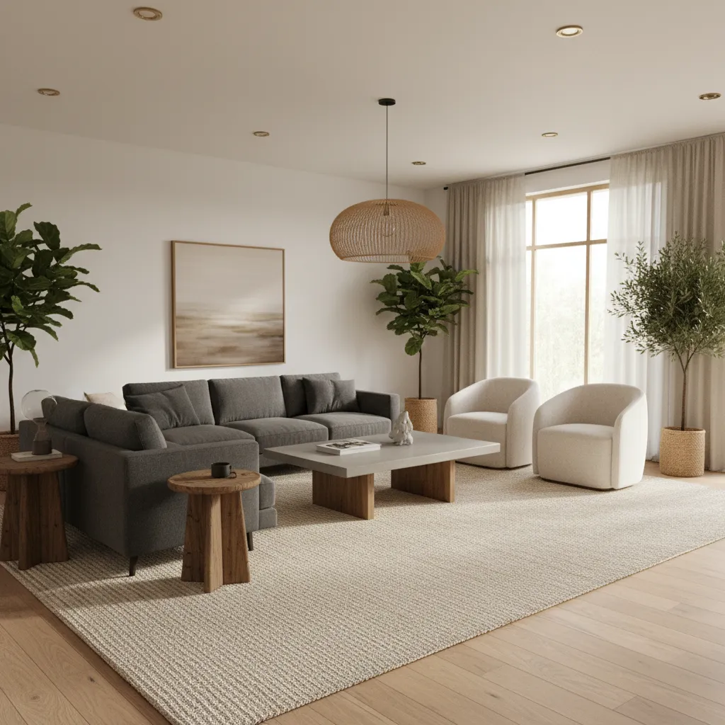 Large area rug anchoring sofa and chairs in an open living room