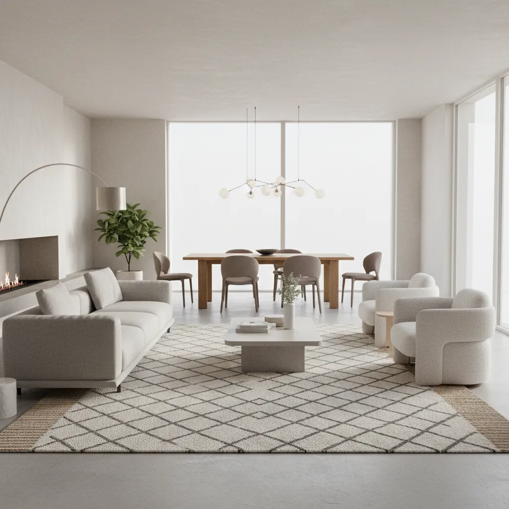 Large area rug defining living room zone in open concept home