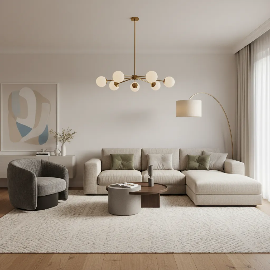 Living room area rug and layered lighting defining seating zone