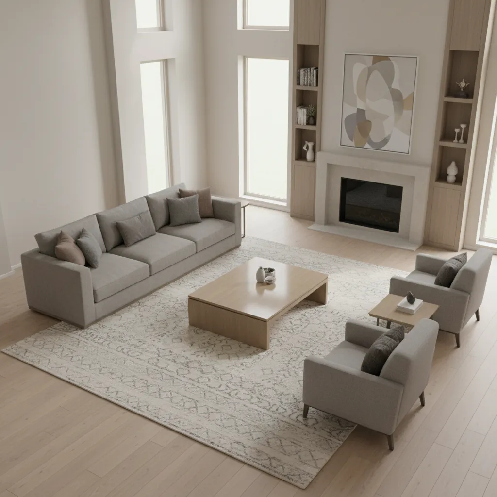 large area rug anchoring sofa and chairs in living room