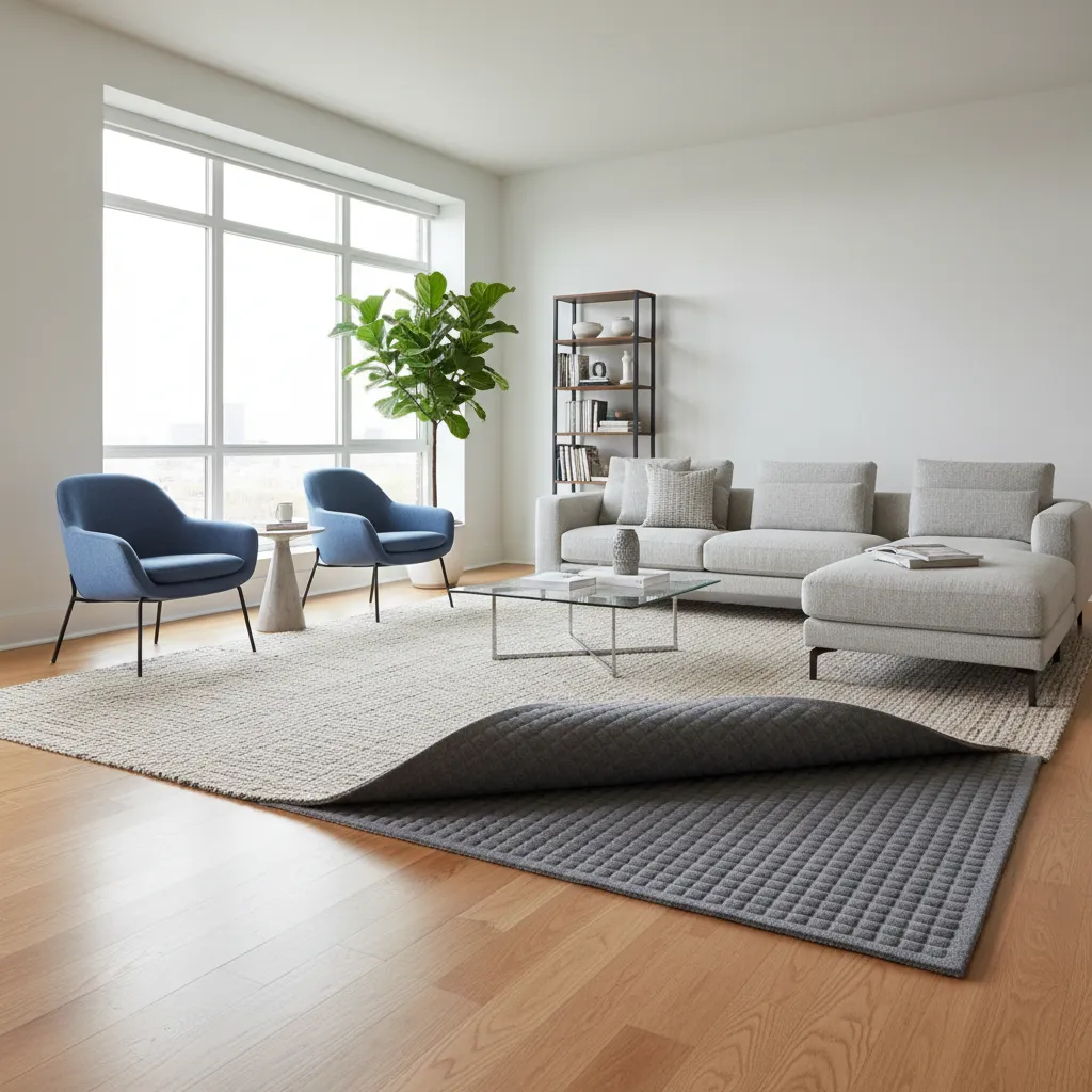 Large area rug with thick rug pad placed in apartment living room for noise reduction