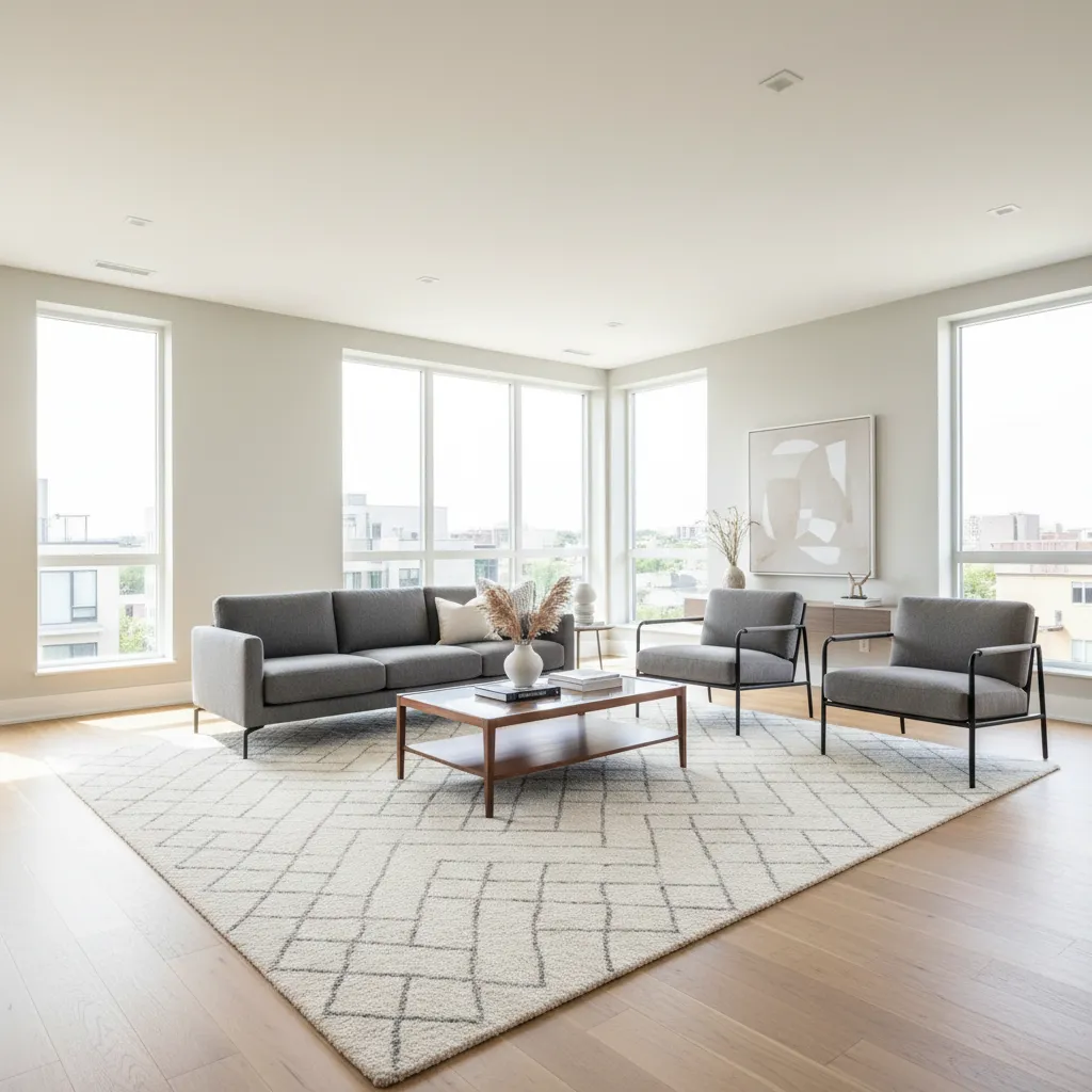 Large area rug defining seating area in open concept living room