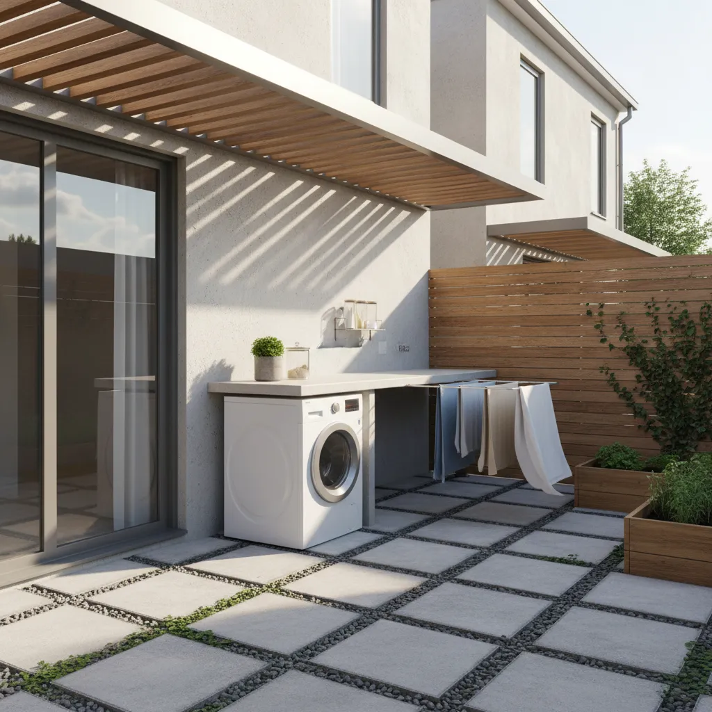 Outdoor service area with white washing machine drying rack wooden fence and grey tiled floor