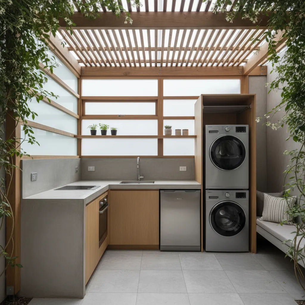 Small outdoor laundry area with stacked washing machine dryer concrete counter wooden pergola and green plants