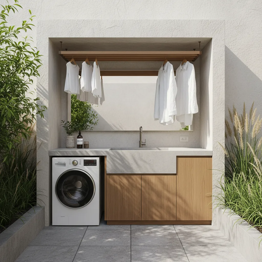 Outdoor laundry area with washing machine wood cabinet sink clothes hanging rack and green plants